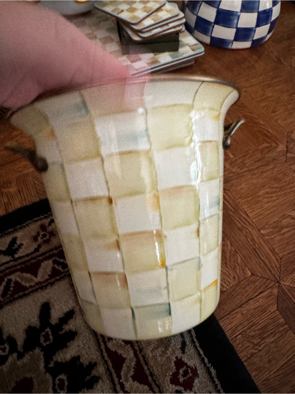 MacKenzie-Childs Checkered ice bucket in white Yellow, and Soft Green